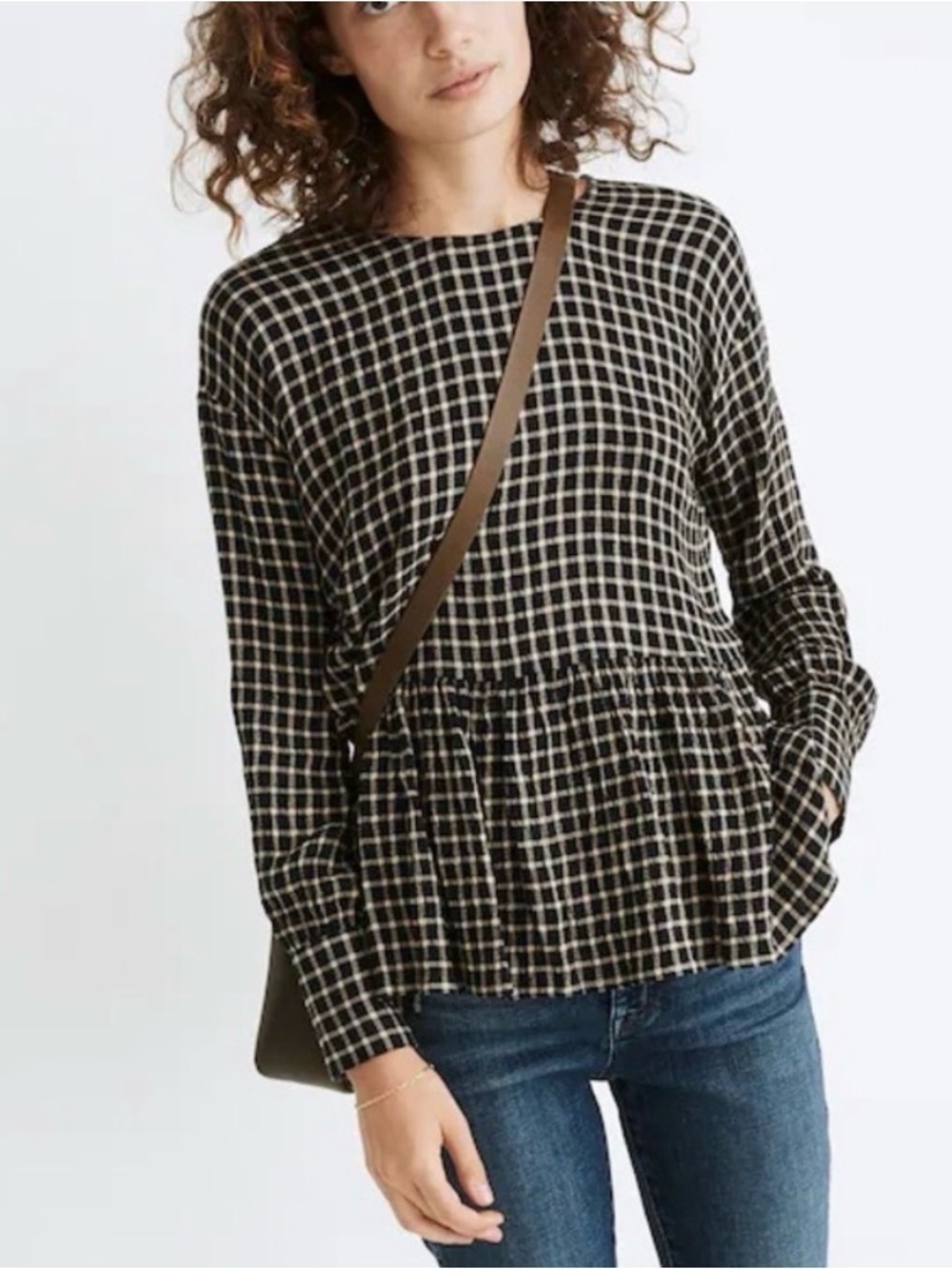 MADEWELL Button-back Peplum Top Blouse Mini Windowpane Boho Women’s Sz L